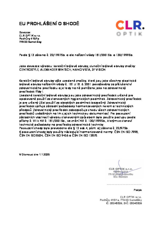 Prohlášení o shodě dioptrické obruby