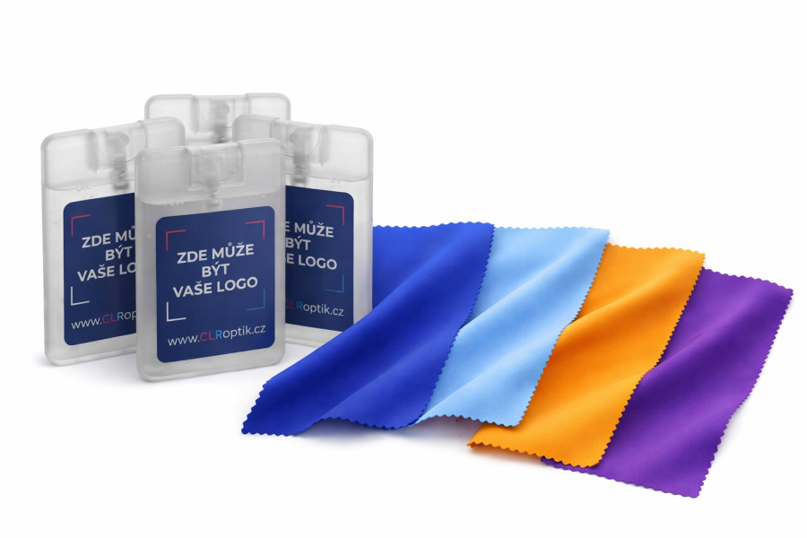 Čistící set s potiskem - sprej Pocket 20 ml s vaším logem a mikrovlákno